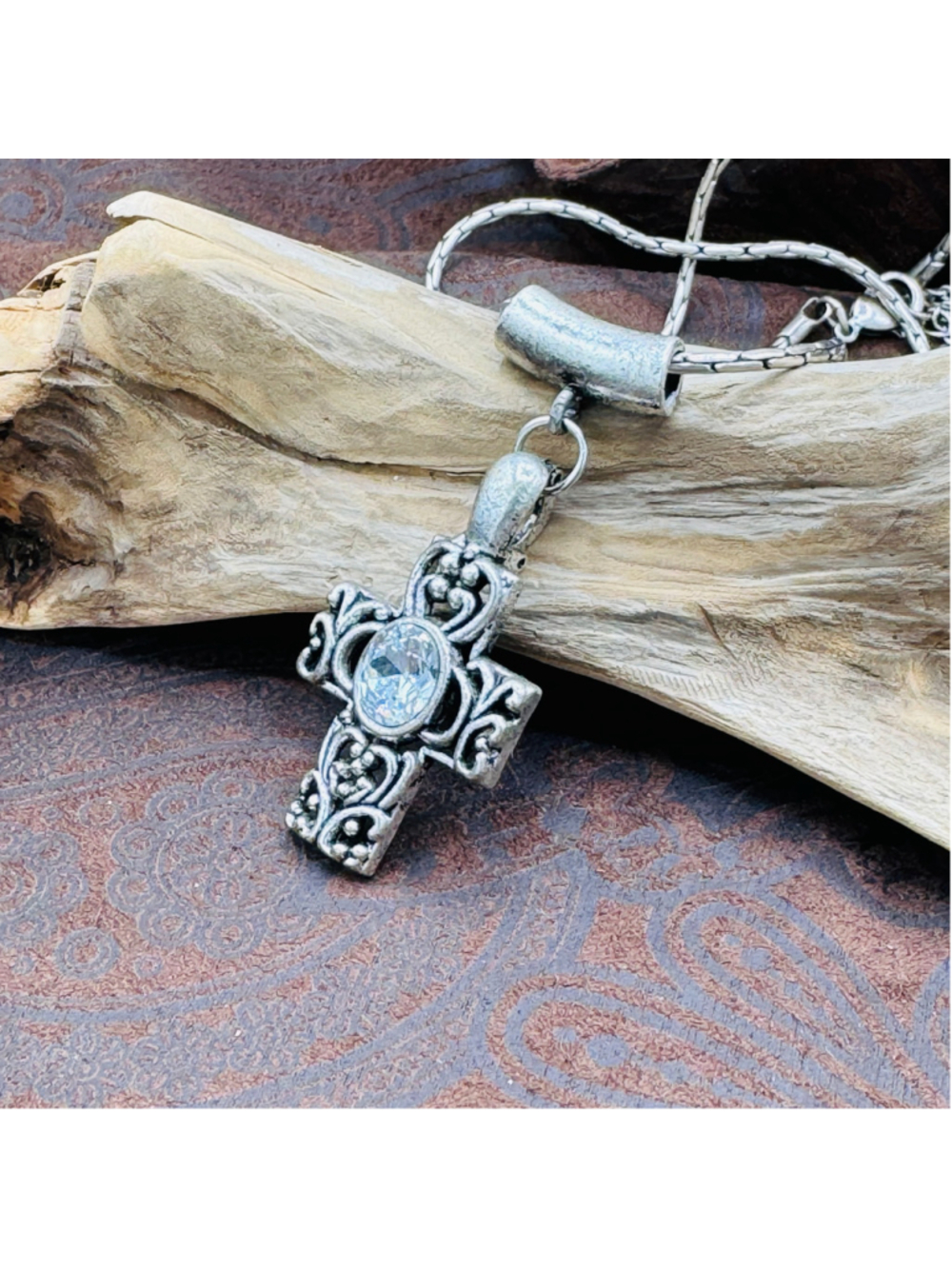 010-Antiqued Silver Tone Cross Pendant Necklace Clear Crystal Boho Gothic